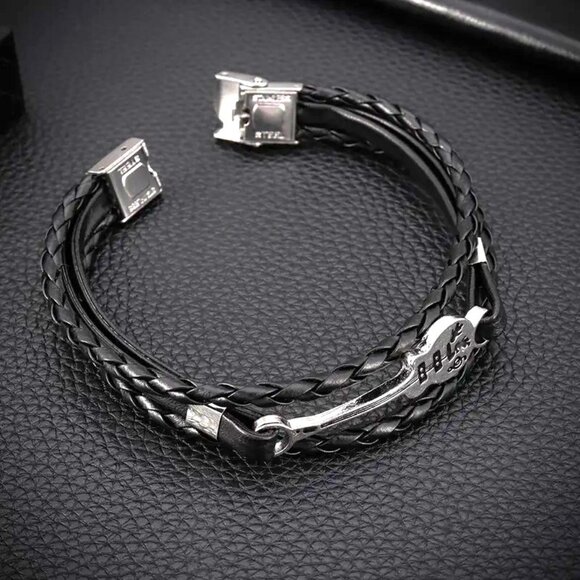 Leather Bracelet Guitar wrist Edgy Rock Bangle Stainless Black Stylish Music NEW - Picture 5 of 6